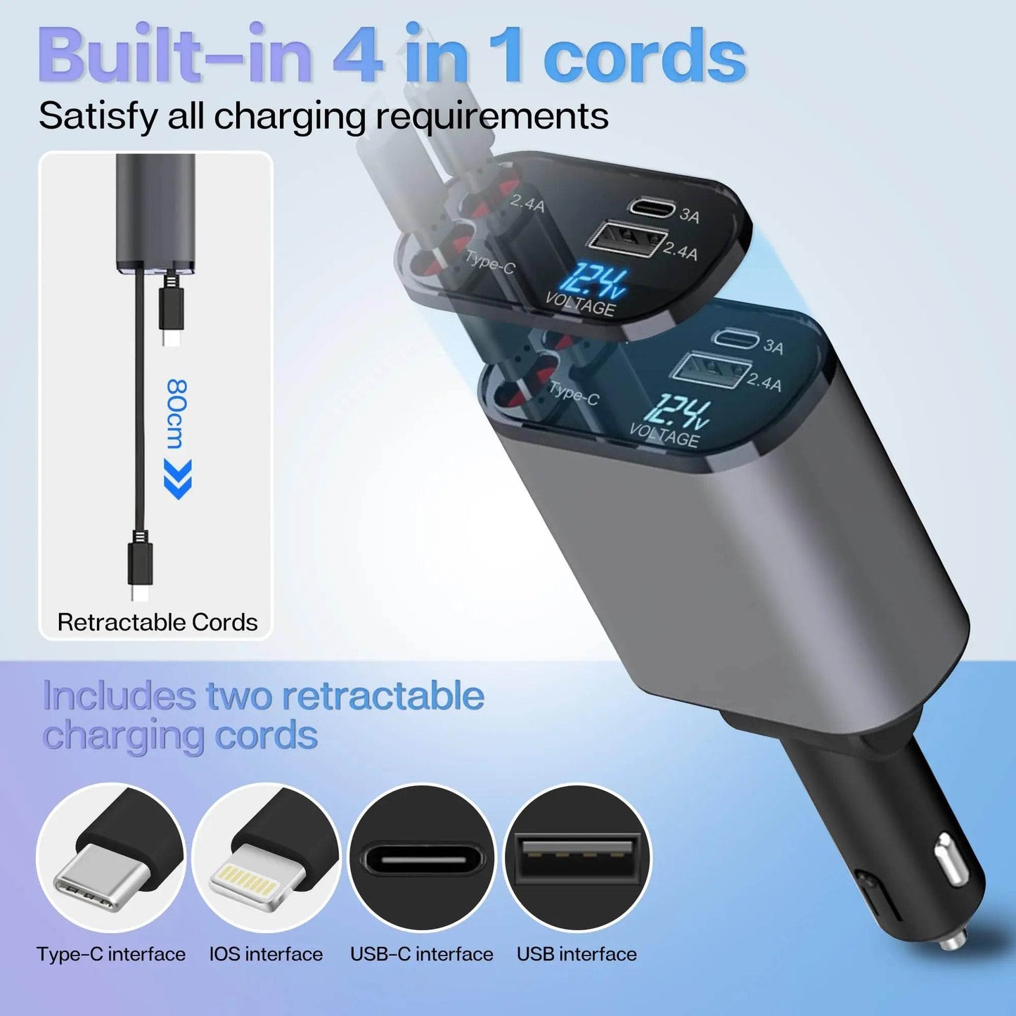 120/66w 4 IN 1 Retractable Car Charger Mobile Phone USB PD Type C Cable For iPhone Fast Charge Cord Cigarette Lighter QC Adapter - TajarPro