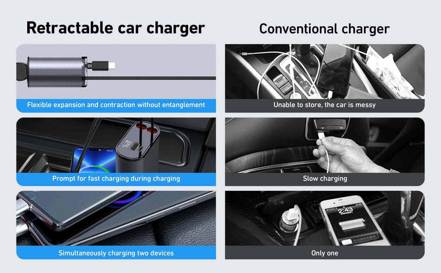 120/66w 4 IN 1 Retractable Car Charger Mobile Phone USB PD Type C Cable For iPhone Fast Charge Cord Cigarette Lighter QC Adapter - TajarPro