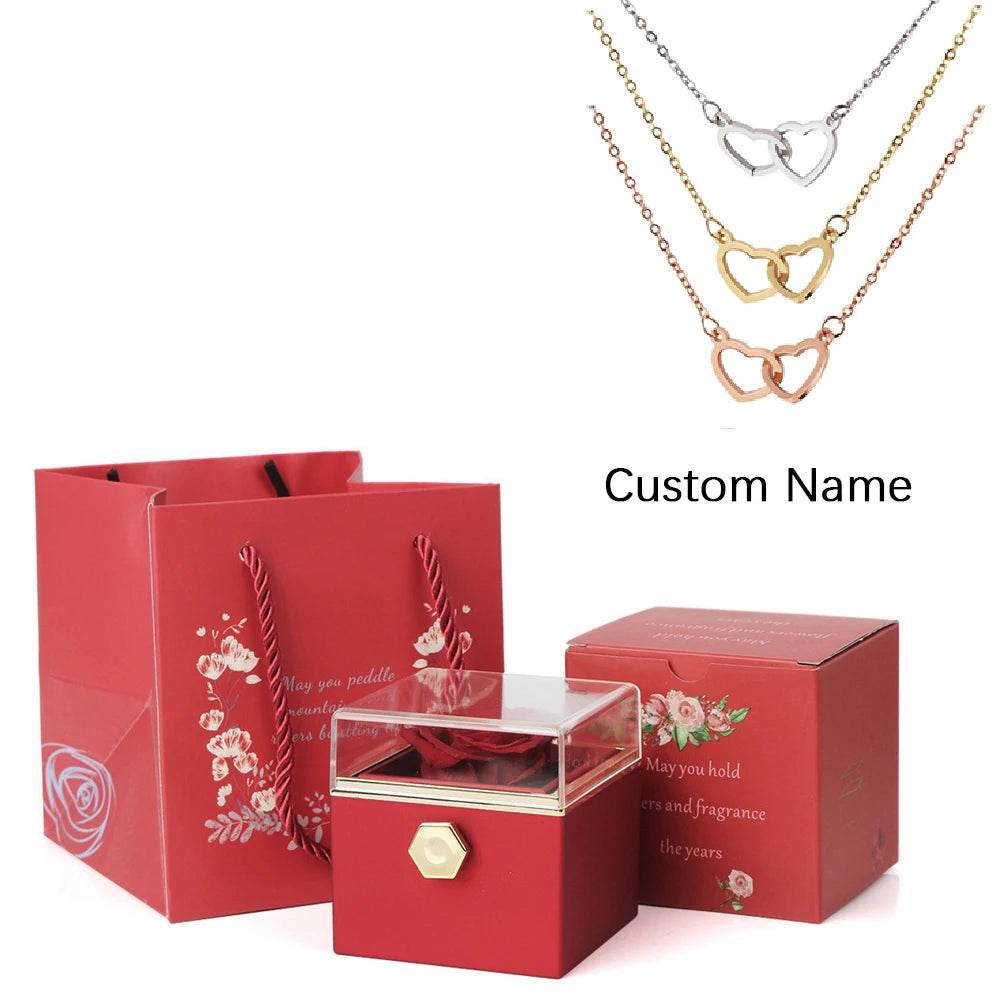 2024 New Valentine's Day Gift Custom for Women Double Heart Engraved Name Steel Necklace Eternal Rose Box Wedding Ring Box - TajarPro