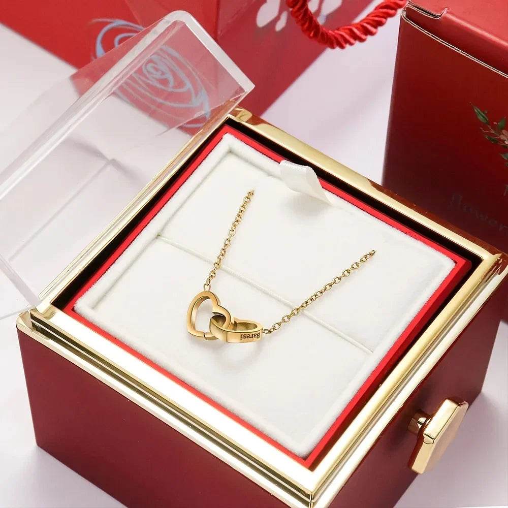 2024 New Valentine's Day Gift Custom for Women Double Heart Engraved Name Steel Necklace Eternal Rose Box Wedding Ring Box - TajarPro