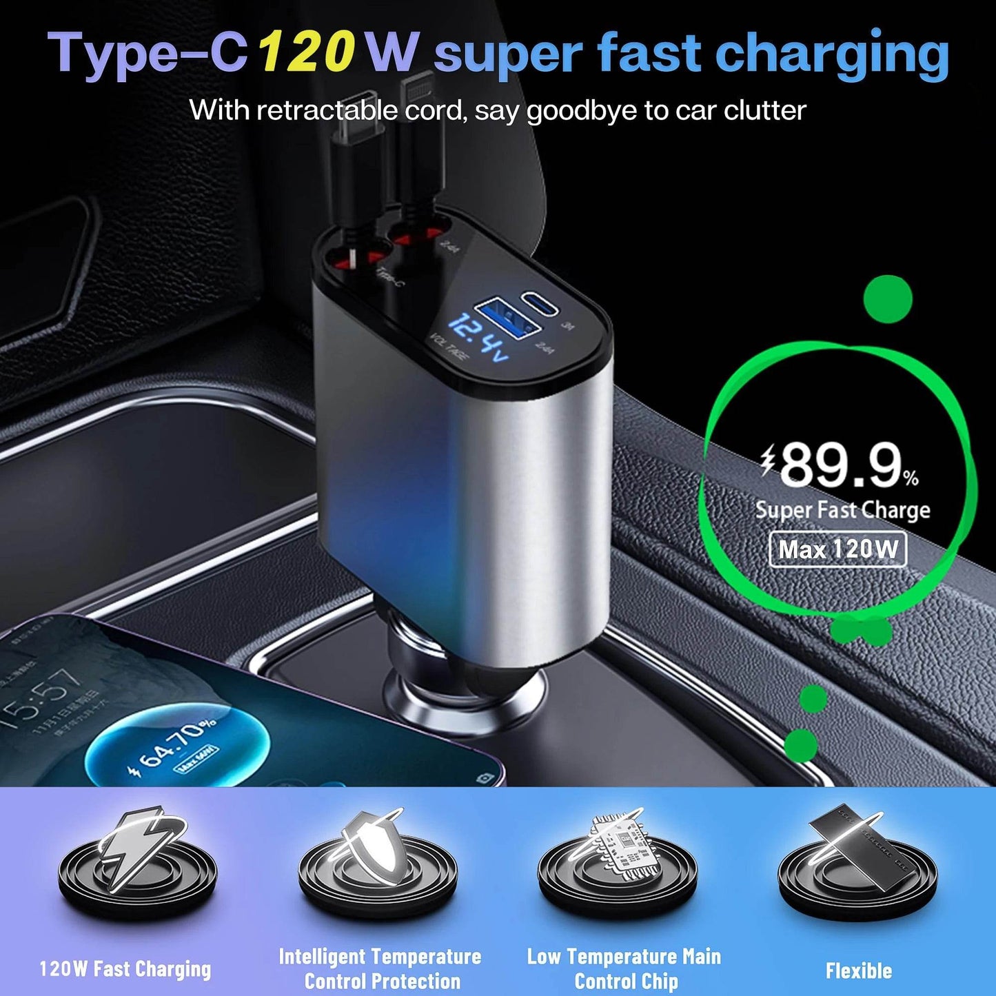 120/66w 4 IN 1 Retractable Car Charger Mobile Phone USB PD Type C Cable For iPhone Fast Charge Cord Cigarette Lighter QC Adapter - TajarPro