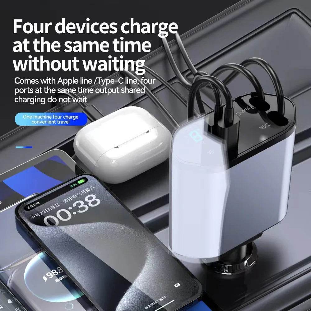 120/66w 4 IN 1 Retractable Car Charger Mobile Phone USB PD Type C Cable For iPhone Fast Charge Cord Cigarette Lighter QC Adapter - TajarPro