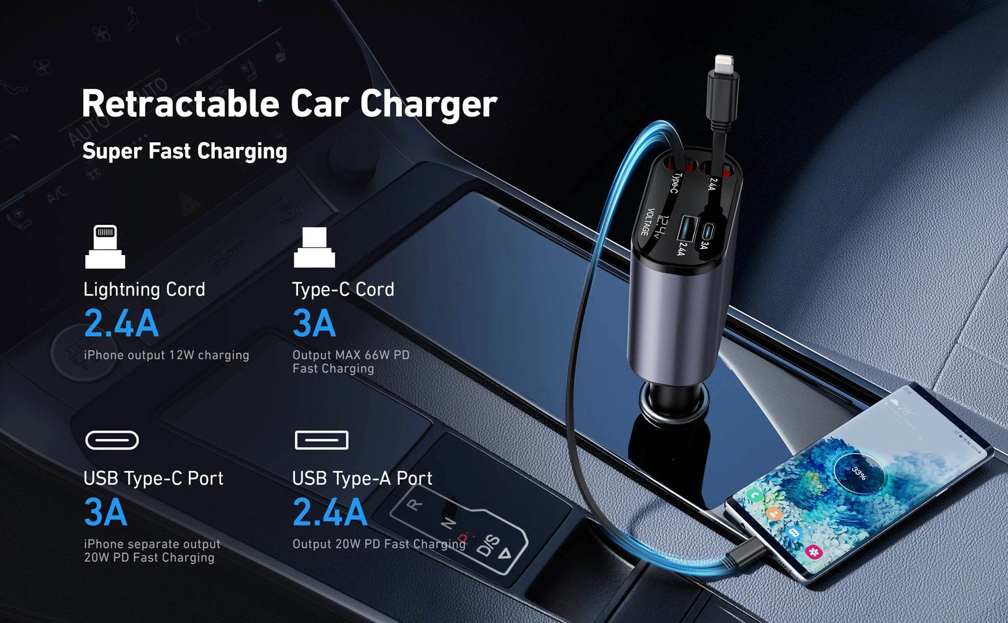 120/66w 4 IN 1 Retractable Car Charger Mobile Phone USB PD Type C Cable For iPhone Fast Charge Cord Cigarette Lighter QC Adapter - TajarPro