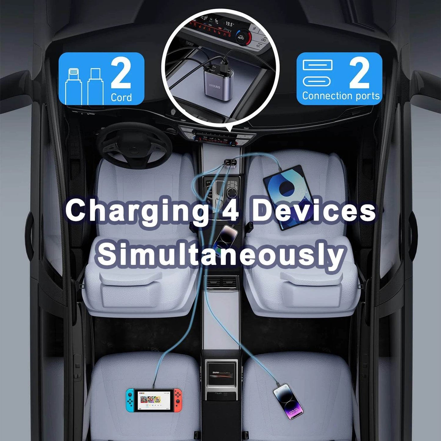 120/66w 4 IN 1 Retractable Car Charger Mobile Phone USB PD Type C Cable For iPhone Fast Charge Cord Cigarette Lighter QC Adapter - TajarPro