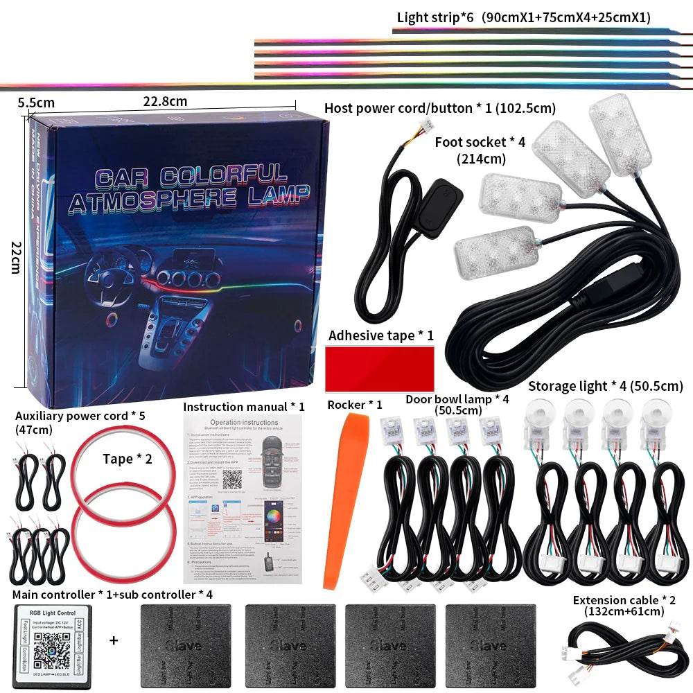10/14/18 in 1 Led Car Ambient Lights 213 64 Color RGB Symphony Streamer Bluetooth Rainbow Acrylic Strips Atmosphere Lamp Kit 12V - TajarPro