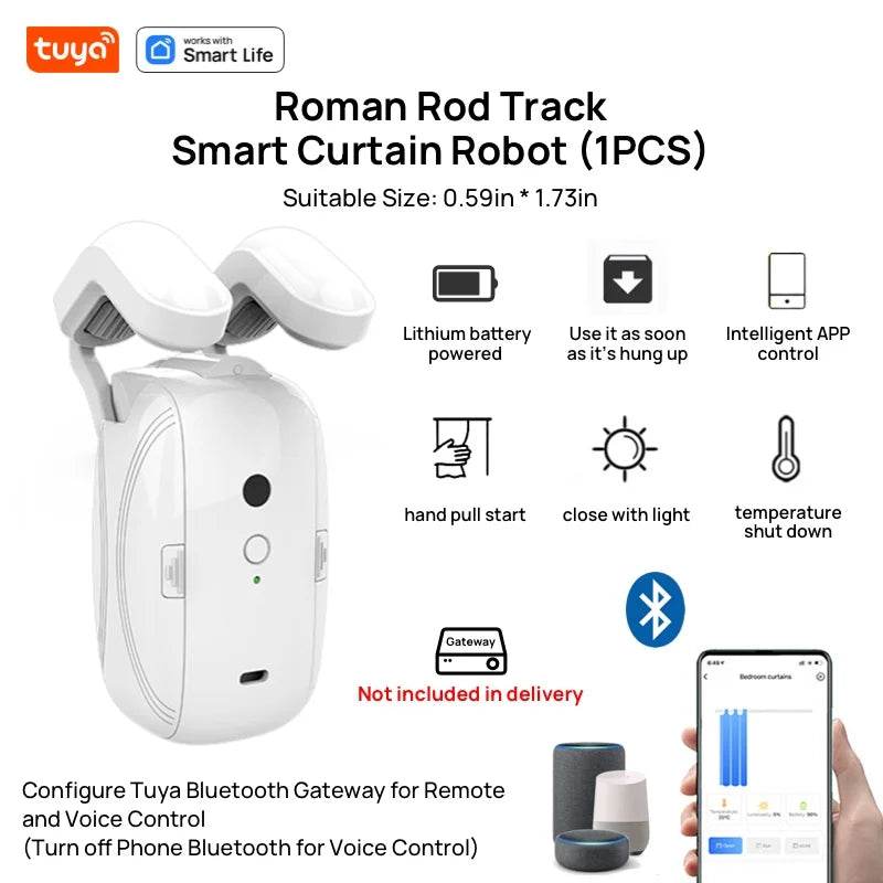 1PCS Tuya Smart Curtain Robot, Roman Rod Track, APP Control,Single/Double (Works With Tuya Gateway For Remote Control) - TajarPro