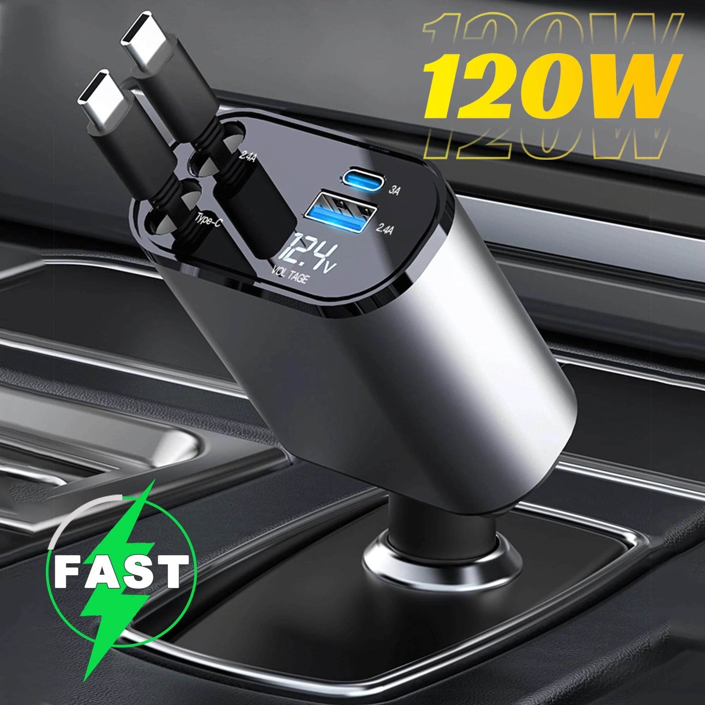 120/66w 4 IN 1 Retractable Car Charger Mobile Phone USB PD Type C Cable For iPhone Fast Charge Cord Cigarette Lighter QC Adapter - TajarPro