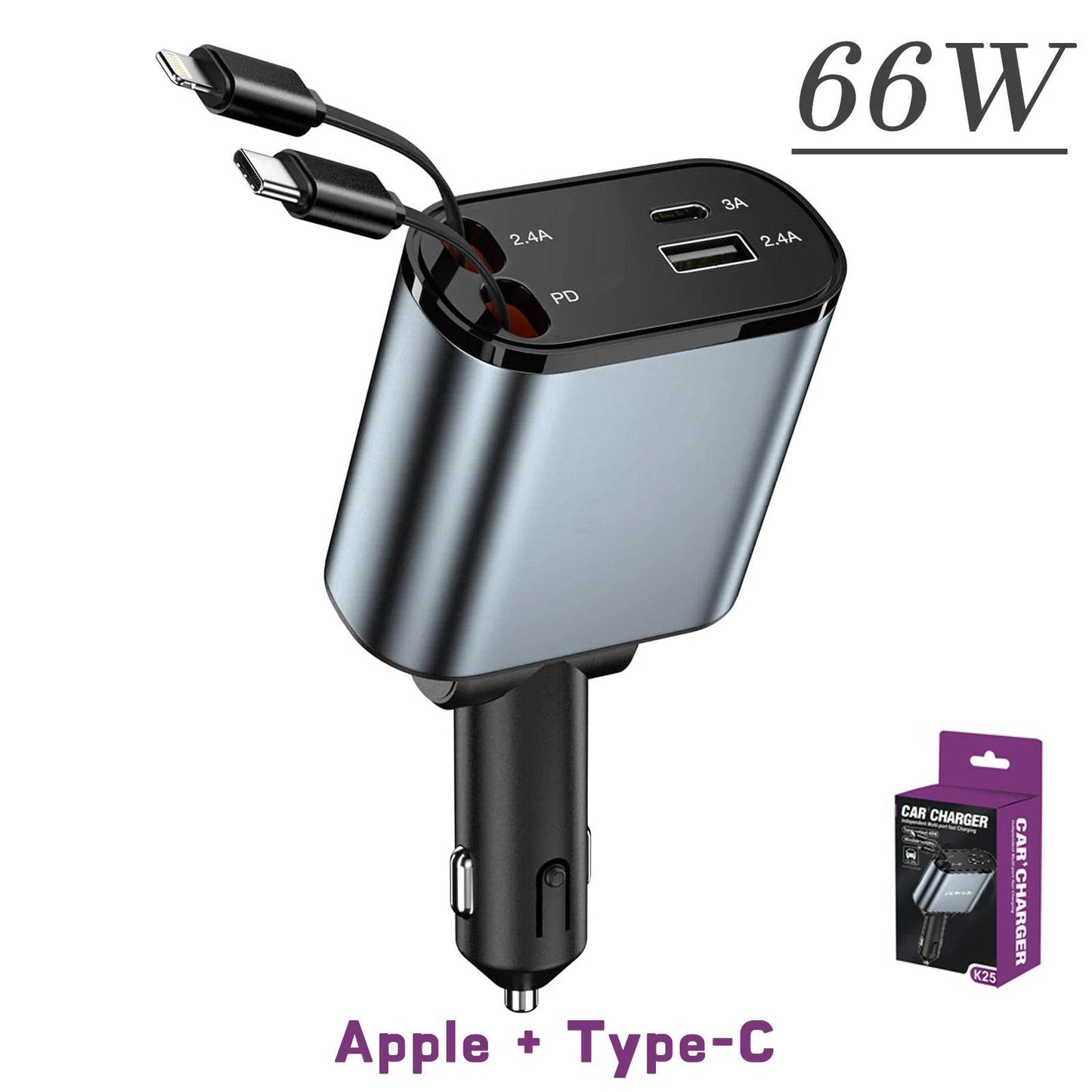120/66w 4 IN 1 Retractable Car Charger Mobile Phone USB PD Type C Cable For iPhone Fast Charge Cord Cigarette Lighter QC Adapter - TajarPro