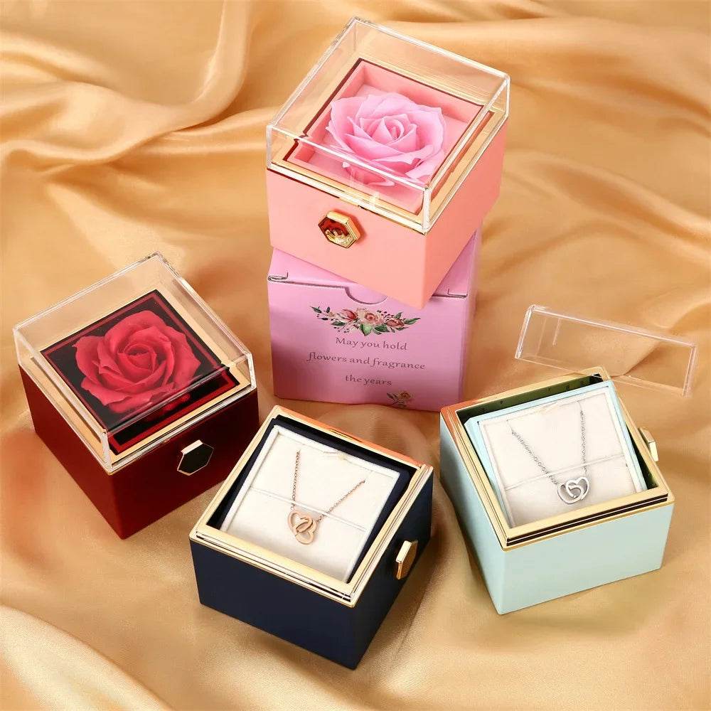2024 New Valentine's Day Gift Custom for Women Double Heart Engraved Name Steel Necklace Eternal Rose Box Wedding Ring Box - TajarPro
