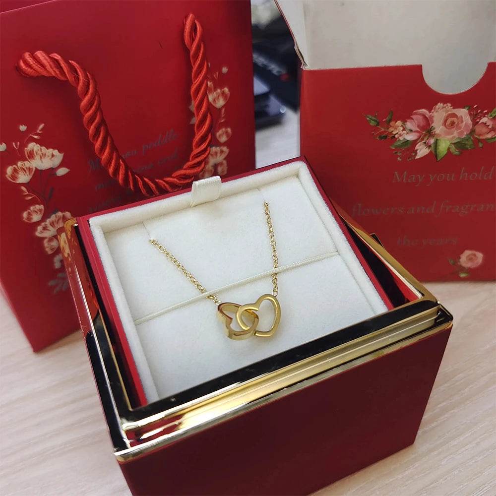 2024 New Valentine's Day Gift Custom for Women Double Heart Engraved Name Steel Necklace Eternal Rose Box Wedding Ring Box - TajarPro