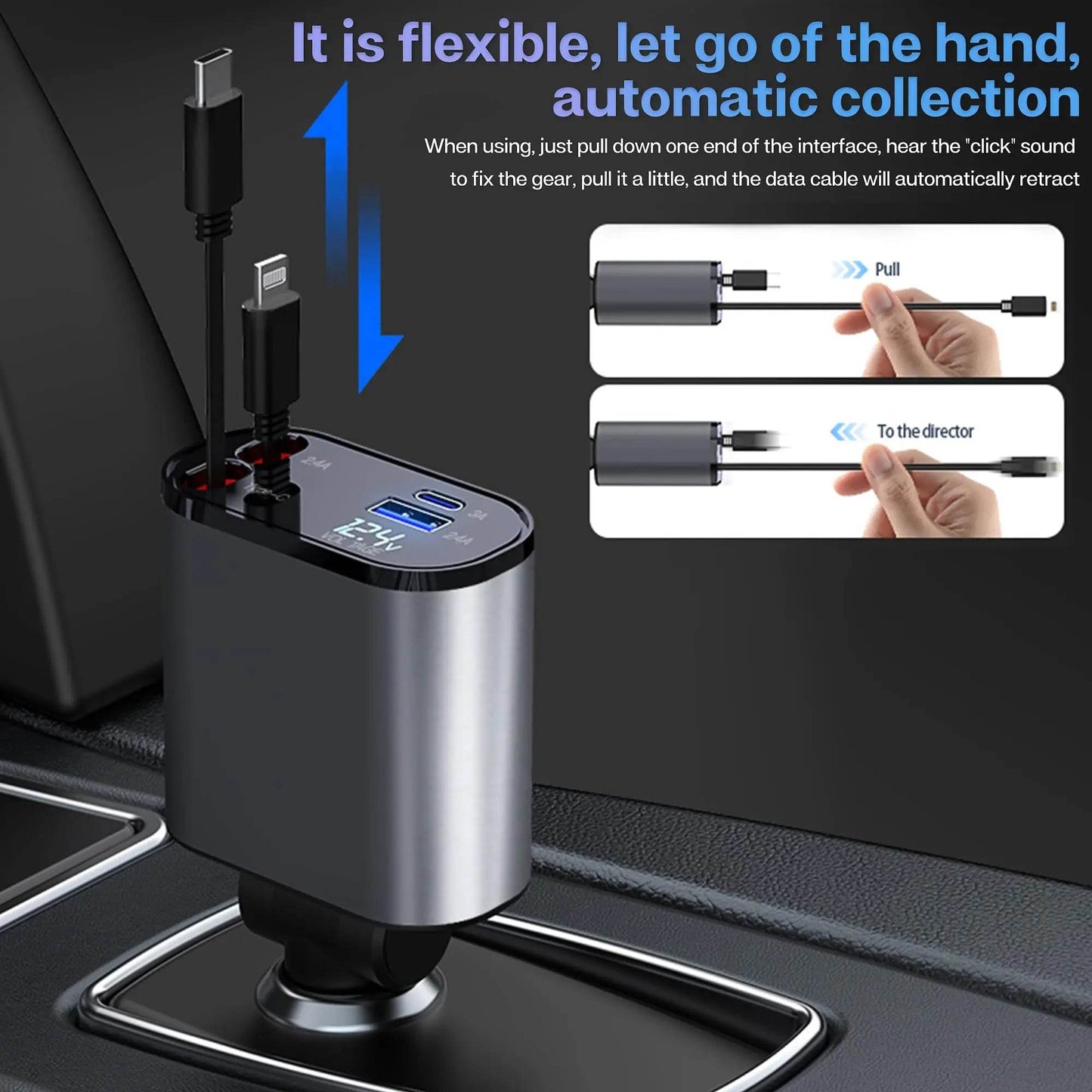 120/66w 4 IN 1 Retractable Car Charger Mobile Phone USB PD Type C Cable For iPhone Fast Charge Cord Cigarette Lighter QC Adapter - TajarPro