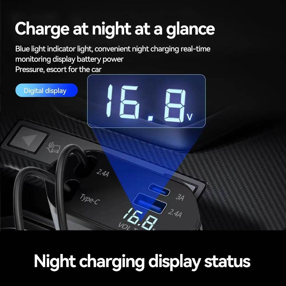 120/66w 4 IN 1 Retractable Car Charger Mobile Phone USB PD Type C Cable For iPhone Fast Charge Cord Cigarette Lighter QC Adapter - TajarPro