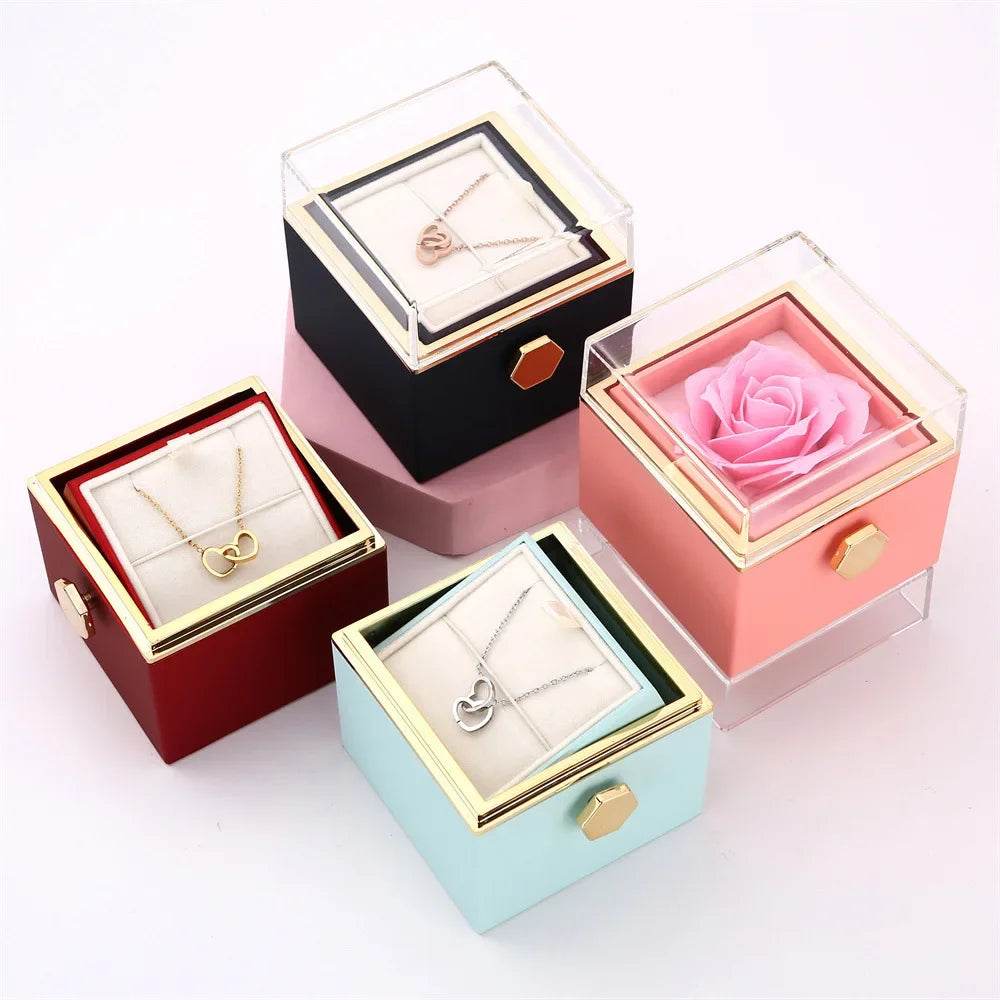 2024 New Valentine's Day Gift Custom for Women Double Heart Engraved Name Steel Necklace Eternal Rose Box Wedding Ring Box - TajarPro