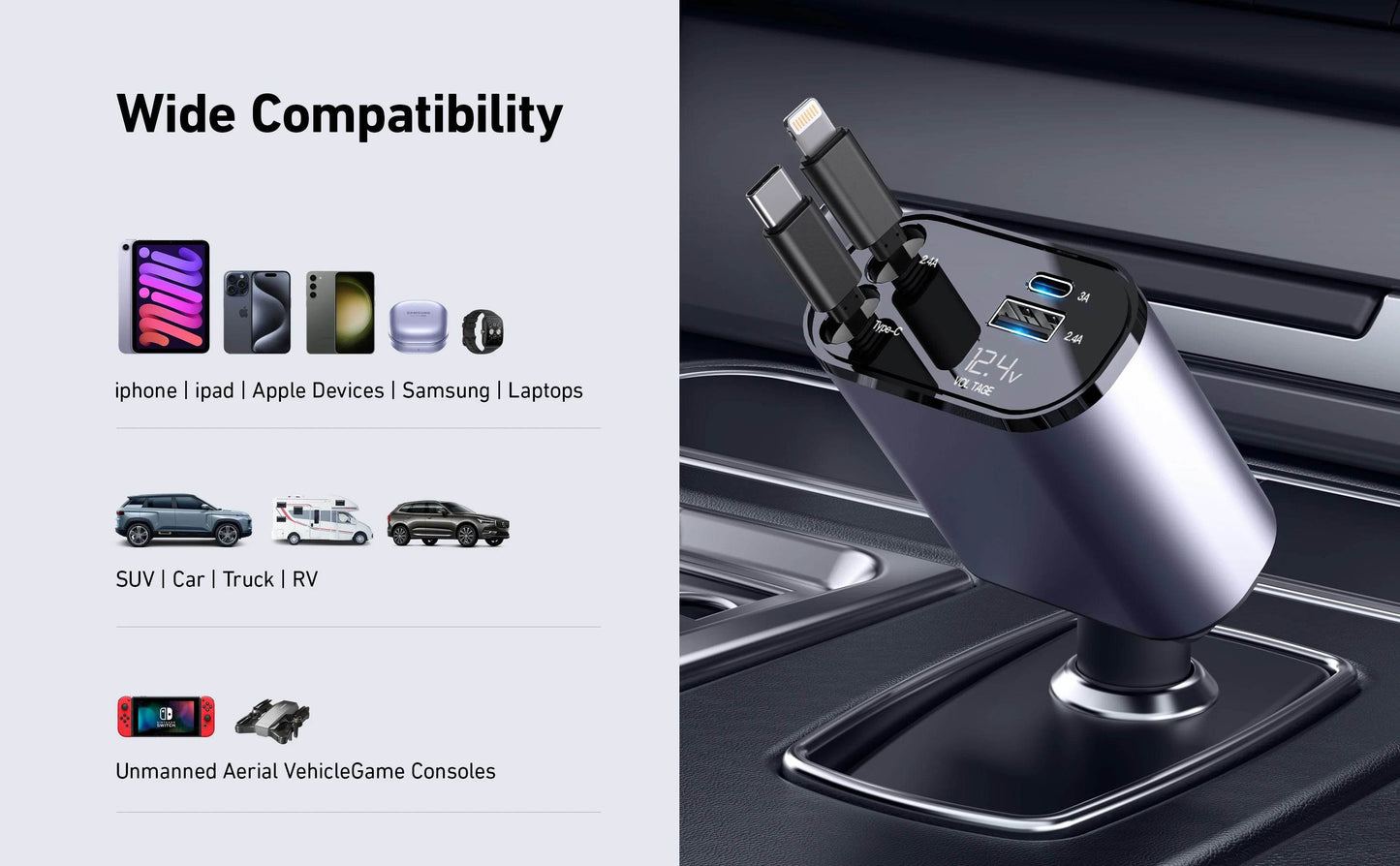 120/66w 4 IN 1 Retractable Car Charger Mobile Phone USB PD Type C Cable For iPhone Fast Charge Cord Cigarette Lighter QC Adapter - TajarPro