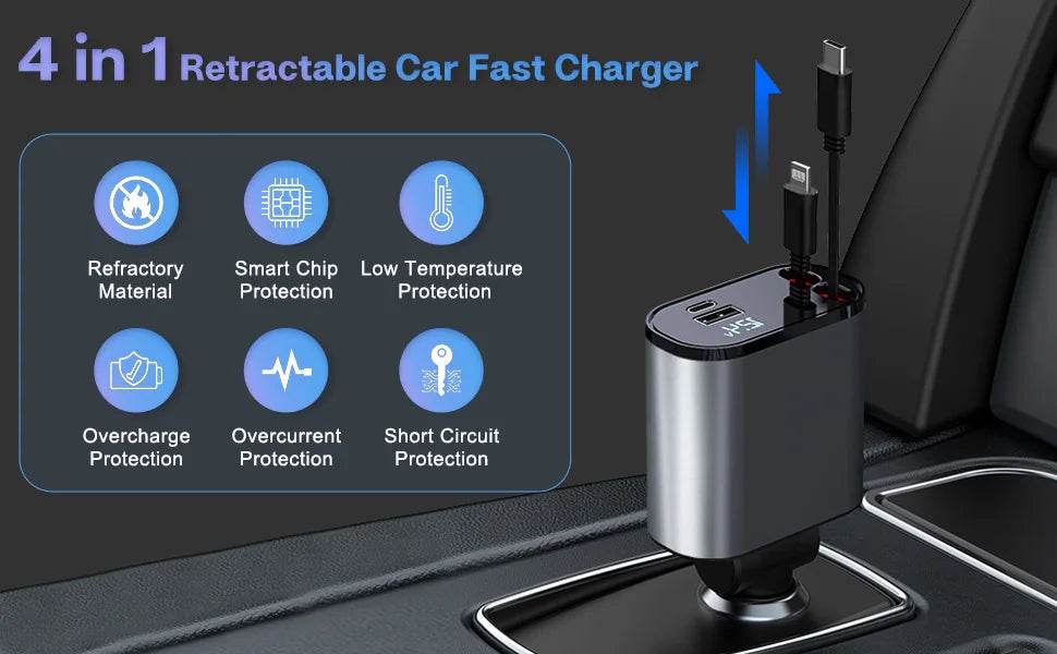 120/66w 4 IN 1 Retractable Car Charger Mobile Phone USB PD Type C Cable For iPhone Fast Charge Cord Cigarette Lighter QC Adapter - TajarPro