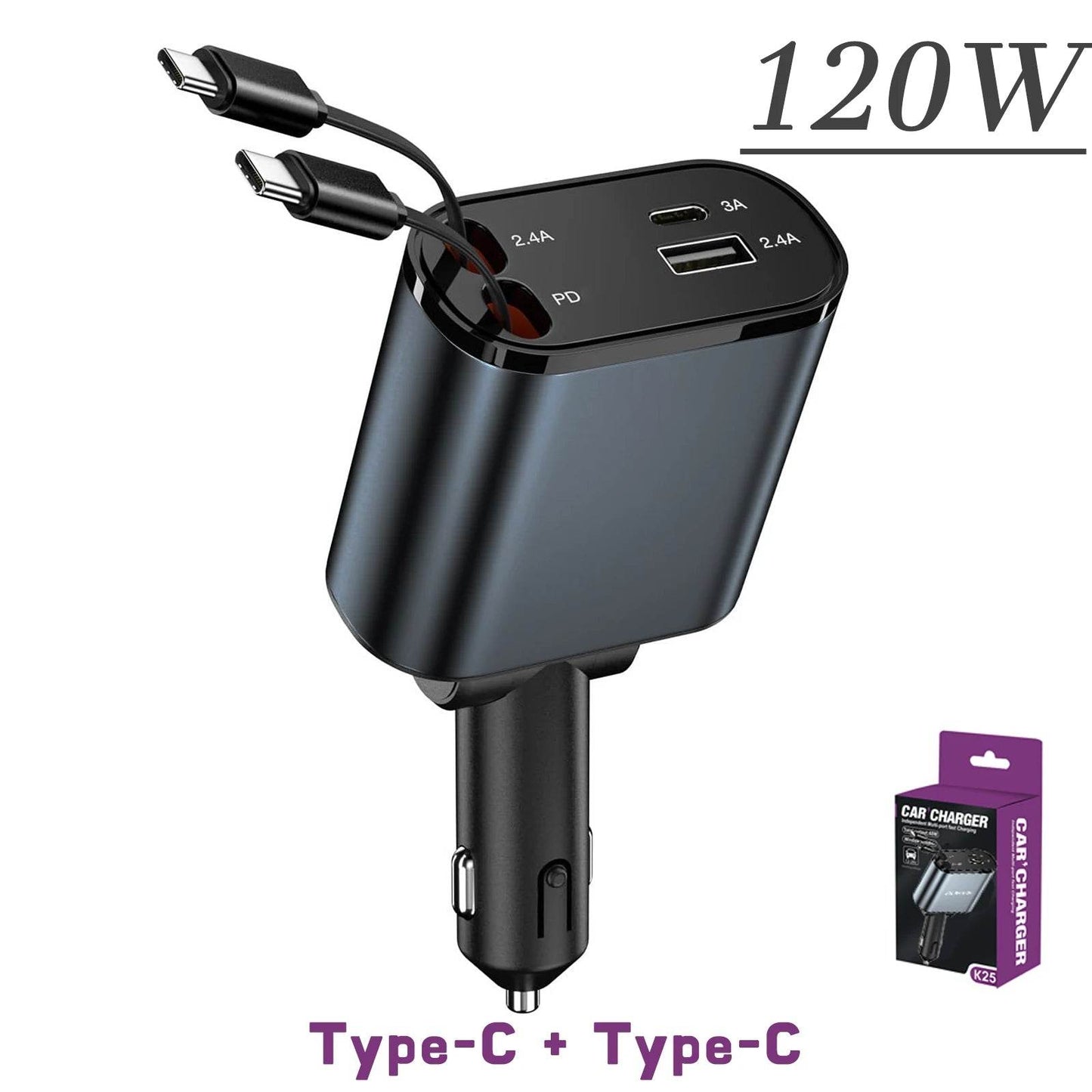120/66w 4 IN 1 Retractable Car Charger Mobile Phone USB PD Type C Cable For iPhone Fast Charge Cord Cigarette Lighter QC Adapter - TajarPro