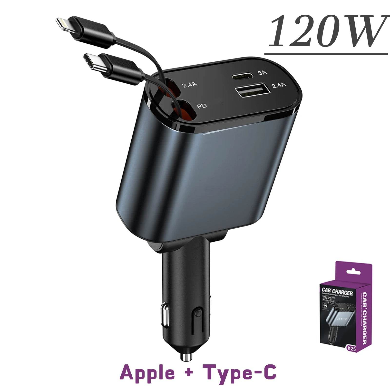 120/66w 4 IN 1 Retractable Car Charger Mobile Phone USB PD Type C Cable For iPhone Fast Charge Cord Cigarette Lighter QC Adapter - TajarPro