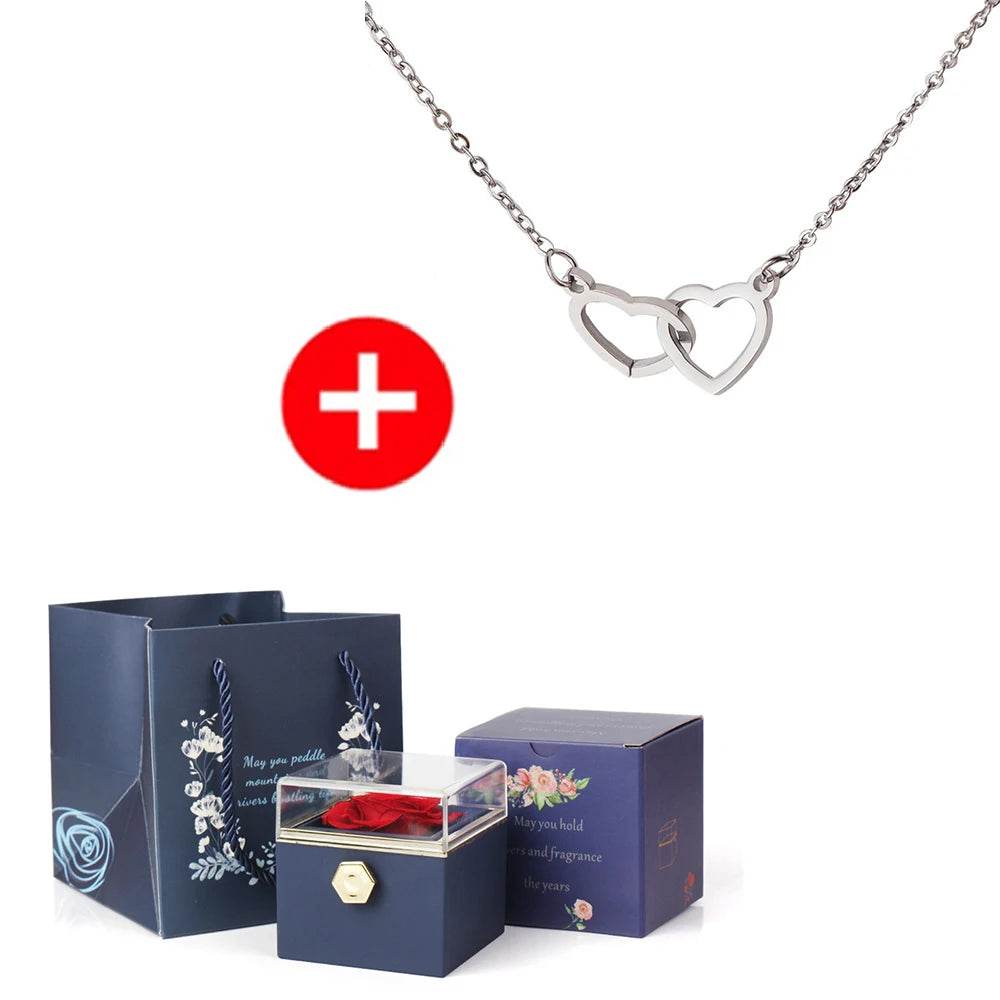 2024 New Valentine's Day Gift Custom for Women Double Heart Engraved Name Steel Necklace Eternal Rose Box Wedding Ring Box - TajarPro